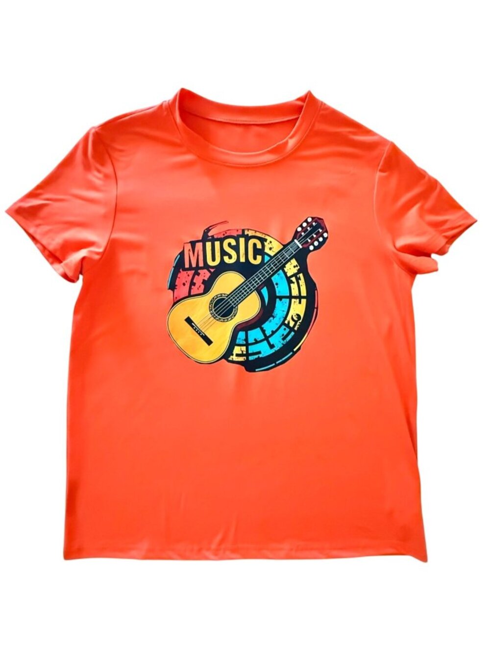 Size L Music Guitar Graphic Shirt Bright Orange Retro Music Tee